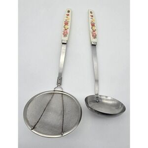 Vintage Japan‎ Stainless Floral Handle Kitchen Utensils Set Ladle Strainer